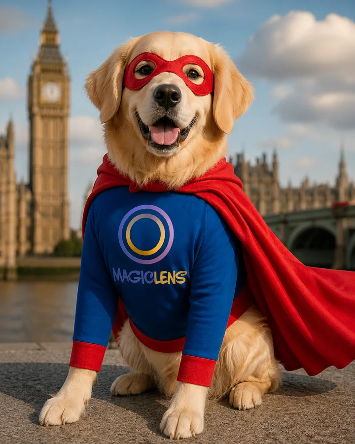 A dog in a MagicLens super suit, the mark woven into the costume