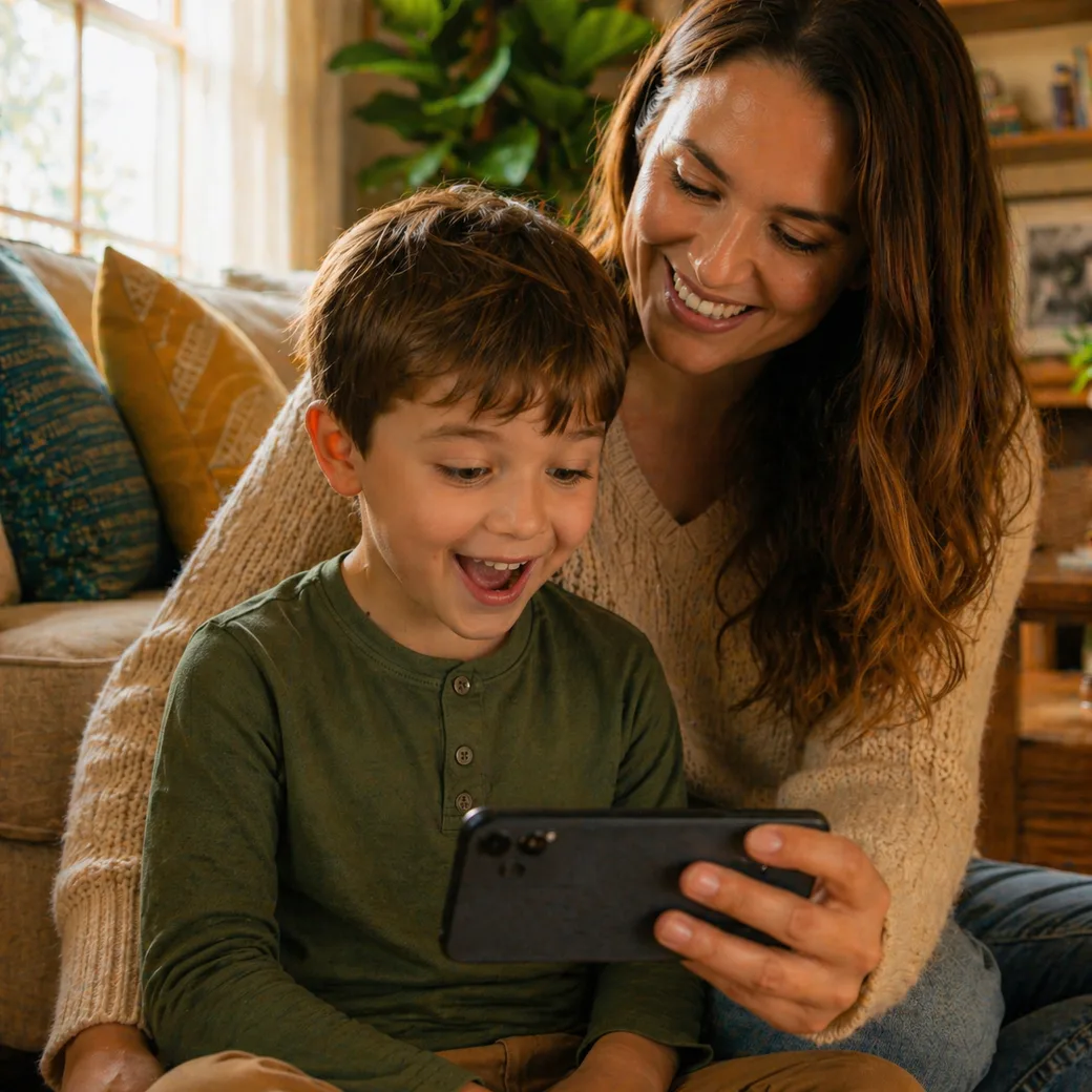 A parent and child watching an Easter Bunny video together