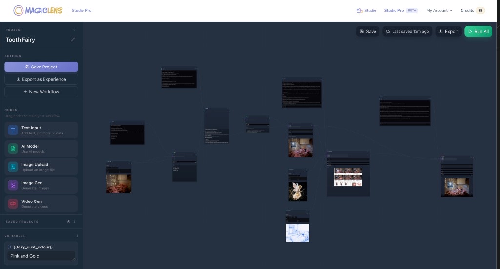 Studio Pro interface: Tooth Fairy workflow on the canvas with node library, variables, and Run All controls
