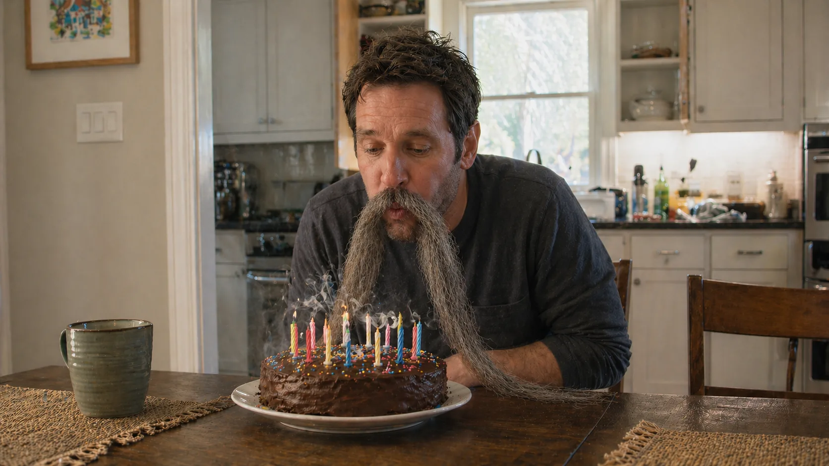 Dad's Make Over: a birthday photo with a mustache that is not his